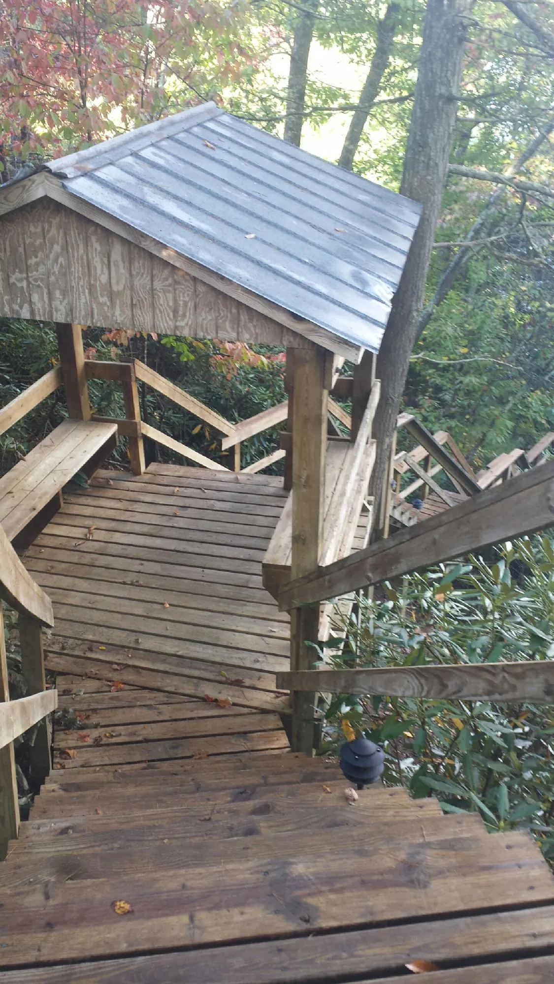 Metal roofed shelter over wooden steps on a wooded walkway — Skylight Repair & Installation work by our crew in Searchlight